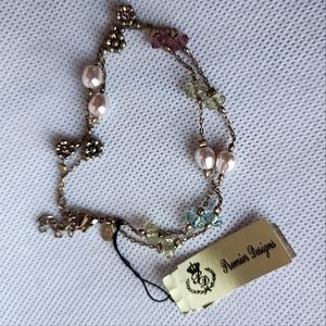 Premier Designs Brand Dual Chain Bracelet Gold Tone Glass Pearls Punk Green NWT